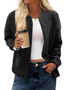 Women's Dark Black Jacquard Bomber Jacket Zip Up Lightweight Casual Fall Coat